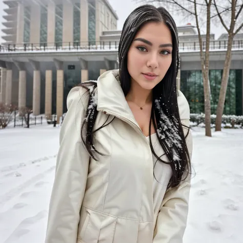 realistic photos of (1 cute korean star) shoulder-length hair, thin makeup, medium breasts size, wearing coat, in the snow, clea...