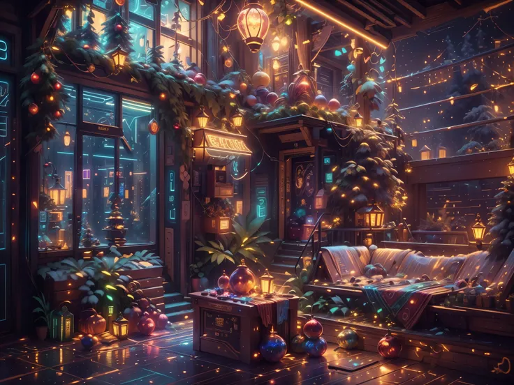 （Future science fiction，Cyberpunk style Christmas room:1.5），(以未来派赛博朋克圣诞元素Decorative style)，(霓虹lamplight)，mechanical fireplace、Lanterns hanging on mechanical stairs、Colorful gifts wrapped under futuristic Christmas tree、Mechanical floor piled with gifts、Dec...