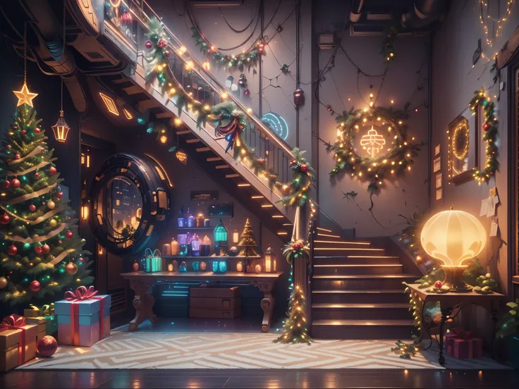 （Future science fiction，Cyberpunk style Christmas room:1.5），(以未来派赛博朋克圣诞元素Decorative style)，(霓虹lamplight)，mechanical fireplace、Lanterns hanging on mechanical stairs、Colorful gifts wrapped under futuristic Christmas tree、Mechanical floor piled with gifts、Dec...