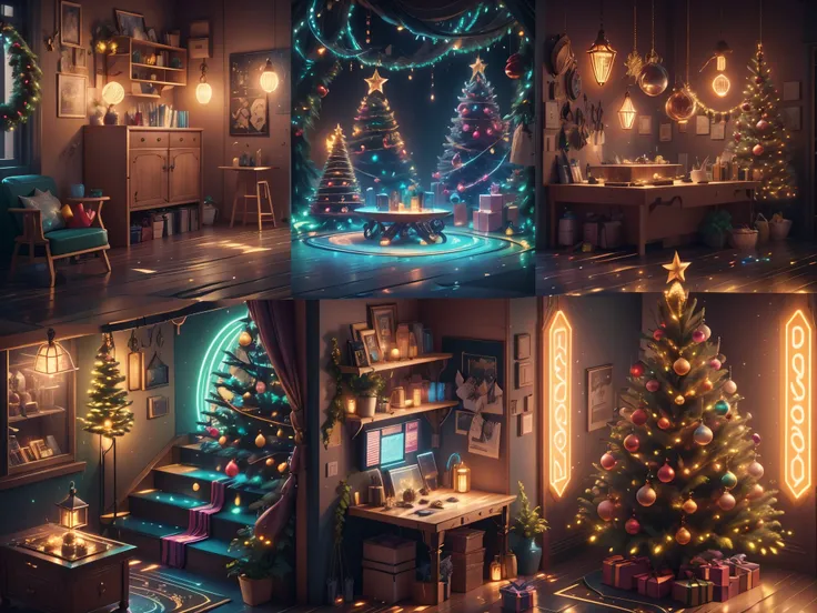 （Future science fiction，Cyberpunk style Christmas room:1.5），(以未来派赛博朋克圣诞元素Decorative style)，(霓虹lamplight)，mechanical fireplace、Lanterns hanging on mechanical stairs、Colorful gifts wrapped under futuristic Christmas tree、Mechanical floor piled with gifts、Dec...