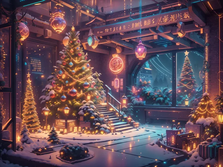 （Future science fiction，Cyberpunk style Christmas room:1.5），(以未来派赛博朋克圣诞元素Decorative style)，(霓虹lamplight)，mechanical fireplace、Lanterns hanging on mechanical stairs、Colorful gifts wrapped under futuristic Christmas tree、Mechanical floor piled with gifts、Dec...