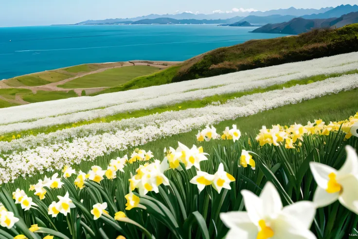 White daffodils blooming all over the hill、You can see the sea in the distance、Perspective with wide-angle lens