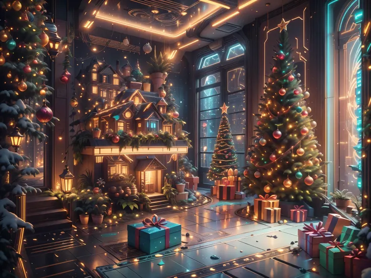 （future science fiction，cyberpunk style christmas room:1.5），(以未来派赛博朋克圣诞元素decorative style)，(霓虹lamplight)，mechanical fireplace、la...