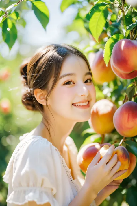 (best quality,ultra-detailed,realistic),a girl holding ripe peaches,a garden with blooming flowers,soft sunlight filtering through the leaves,beautiful detailed eyes and lips,smiling face,fresh green grass,butterflies flying around,delicate brushstrokes,so...