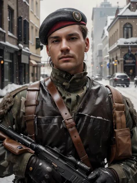 Soldado masculino, German characteristics, Pelo negro corto, Boina Roja, brown military wool vest, ammunition belts, Belt with bullets, lleva un walkie talkie, Manos con guantes de cuero, sostiene un rifle, is in a hyper-detailed Polish winter town , Ultra...