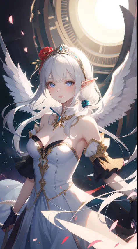 ((masterpiece, best quality)), official art, unity 8k wallpaper, ultra detailed, Rusticcore, contest winner, pixiv, Disgusting a white haired elf woman with wings and jewels on her head and chest, wearing a white dress with silver wings and a silver collar...