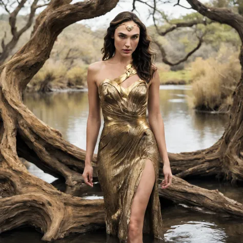 1 girl "gal gadot com vestido preto com dourado", ((encantadora)) pond setup, garota em um joelho sereno, longe do espectador ((...