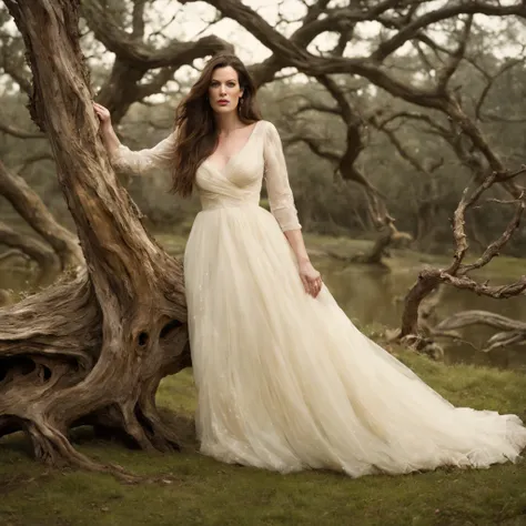 1 girl "liv tyler com vestido branco celestial", ((encantadora)) pond setup, garota em um joelho sereno, longe do espectador ((d...