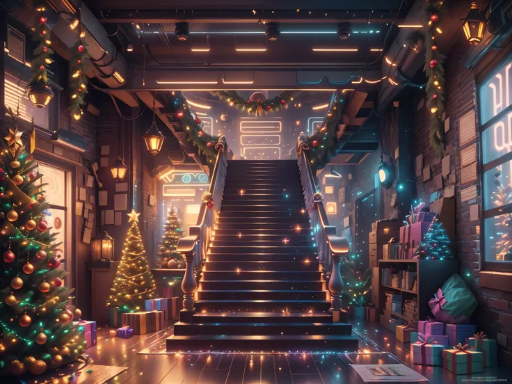 （future science fiction，cyberpunk style christmas room:1.5），(以未来派赛博朋克圣诞元素decorative style)，(霓虹lamplight)，mechanical fireplace、la...