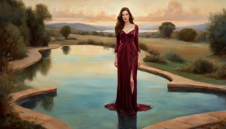 1 girl "liv Tyler com vestido vinho longo", pintura: Uma encantadora obra de arte representando uma garota vestindo seda, By a mystical pool, cercado por encantos turbulentos, with the distant planet casting an ethereal light upon her.