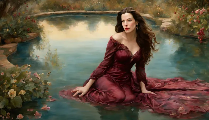 1 girl "liv Tyler com vestido vinho longo", pintura: Uma encantadora obra de arte representando uma garota vestindo seda, By a mystical pool, cercado por encantos turbulentos, with the distant planet casting an ethereal light upon her.