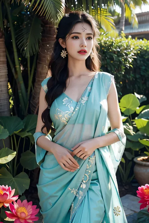 girl with,wear elegant 100% Transparent Sari,Curly Long Hair,deep black eyes,glossy red lips,Brown skin,lotus flower in her hair,bindi on forehead,palm tree decorated with henna,In the garden in full bloom,bright colorful flowers,Green grass,Blue sky,sunli...