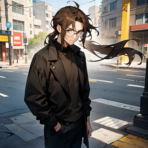 1male , Messy Brown Hair , Stubble , Adult Male , Long hair pulled into a low ponytail , Black clothing , Standing on street , Glasses