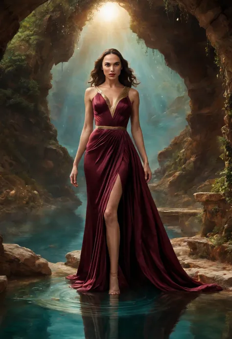 1 girl "Gal Gadot com vestido longo vinho", pintura: Uma encantadora obra de arte representando uma garota vestindo seda, By a mystical pool, cercado por encantos turbulentos, with the distant planet casting an ethereal light upon her.