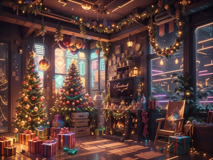 （future science fiction，cyberpunk style christmas room:1.5），(以未来派赛博朋克圣诞元素decorative style)，(霓虹lamplight)，mechanical fireplace、la...