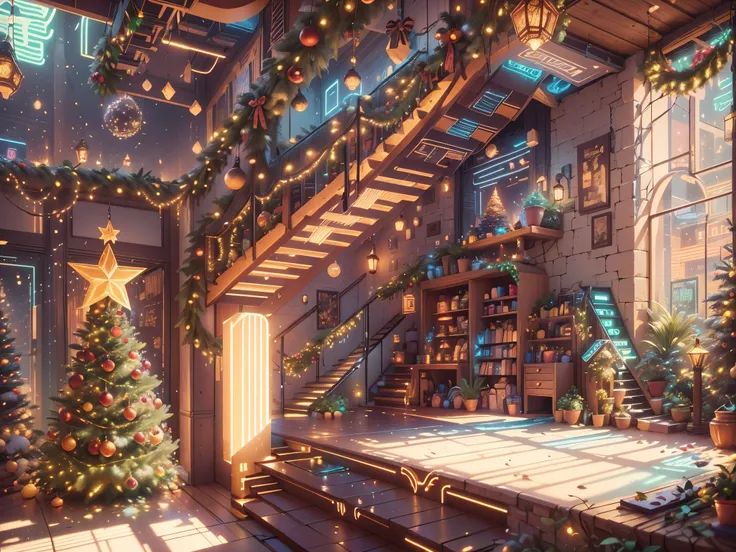 （future science fiction，cyberpunk style christmas room:1.5），(以未来派赛博朋克圣诞元素decorative style)，(霓虹lamplight)，mechanical fireplace、la...