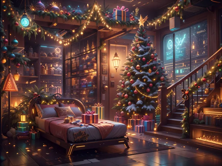 （future science fiction，cyberpunk style christmas room:1.5），(以未来派赛博朋克圣诞元素decorative style)，(霓虹lamplight)，mechanical fireplace、la...