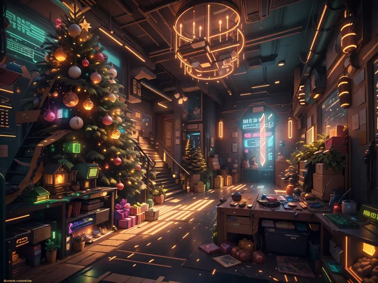 （Future science fiction，Cyberpunk style Christmas room:1.5），(以未来派赛博朋克圣诞元素Decorative style)，(霓虹lamplight)，mechanical fireplace、Lanterns hanging on mechanical stairs、Colorful gifts wrapped under futuristic Christmas tree、Mechanical floor piled with gifts、Dec...