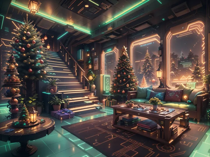 （Future science fiction，Cyberpunk style Christmas room:1.5），(以未来派赛博朋克圣诞元素Decorative style)，(霓虹lamplight)，mechanical fireplace、Lanterns hanging on mechanical stairs、Colorful gifts wrapped under futuristic Christmas tree、Mechanical floor piled with gifts、Dec...