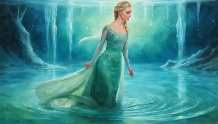 1 girl "Elsa de Frozen com vestido longo verde claro", pintura: Uma encantadora obra de arte representando uma garota vestindo seda, By a mystical pool, cercado por encantos turbulentos, with the distant planet casting an ethereal light upon her.