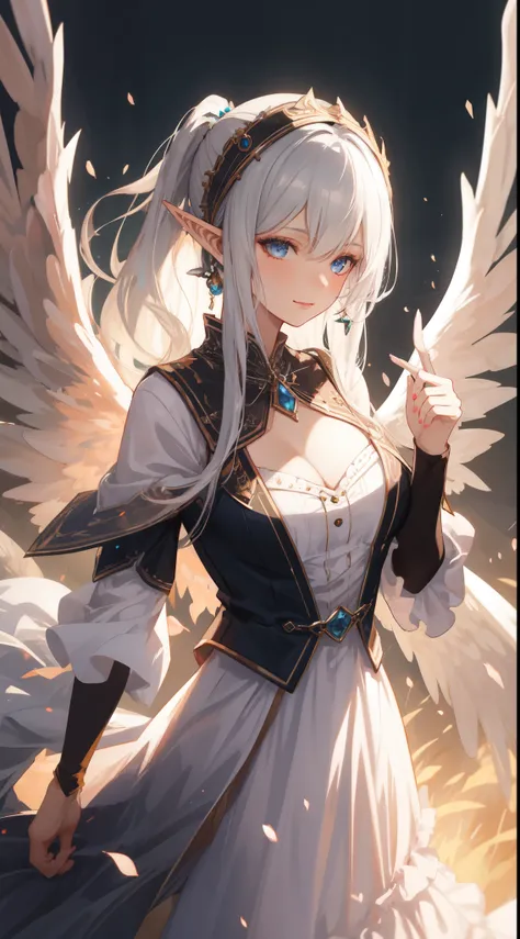 ((masterpiece, best quality)), official art, unity 8k wallpaper, ultra detailed, Rusticcore, contest winner, pixiv, Disgusting a white haired elf woman with wings and jewels on her head and chest, wearing a white dress with silver wings and a silver collar...