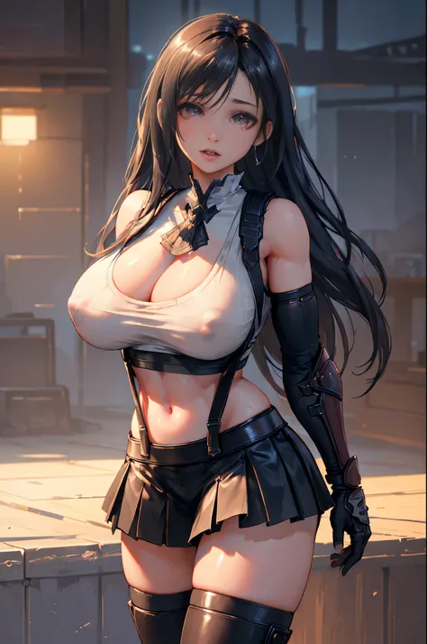 Unreal Engine 5 Realistic Render, (masterpiece, best quality), intricate details, (Best quality)), ((masterpiece)), ((realistic)), (hyperrealism:1.2), (fractal art:1.2), 
1girl, 7rtifa, crop top, arm guards, fingerless gloves, suspenders, pleated miniskirt...