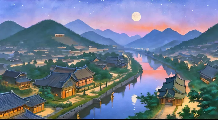 In an ancient Han Dynasty street painting, rendered in a watercolor style from an aerial perspective, the scene unfolds with a panoramic view. Behind the rows of houses, majestic mountains and clouds create a scenic backdrop. Under the night sky, a small m...