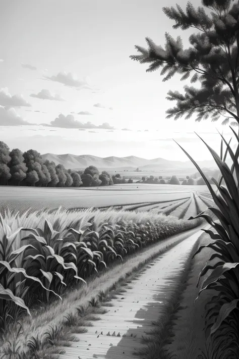 Picture of cornfield in background, Corn growing tall in the foreground, very detailed illustration, full page illustration, Very detailed ink illustration, Field diary line art, very detailed illustration, very detailed illustration.”, full page illustrat...