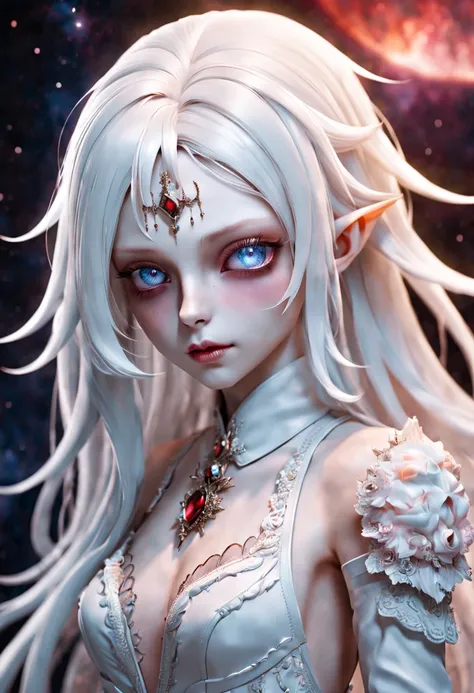 Crazy detailed photos of a gorgeous vampire alien, reuthentic, Long white hair, complicated eye roll, dream-like, Ethereal, ultra - detailed的, 32K resolution, 动态照明, ultra - detailed, 错综Complicated details, Hot topics on artstation, white luxury suit, Volum...