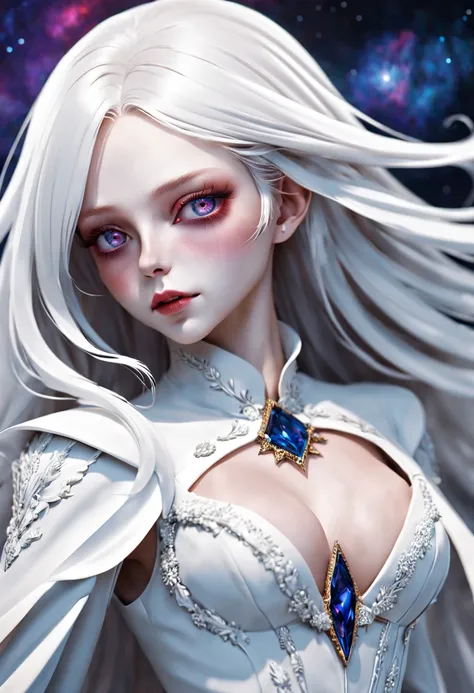 Crazy detailed photos of a gorgeous vampire alien, reuthentic, Long white hair, complicated eye roll, dream-like, Ethereal, ultra - detailed的, 32K resolution, 动态照明, ultra - detailed, 错综Complicated details, Hot topics on artstation, white luxury suit, Volum...