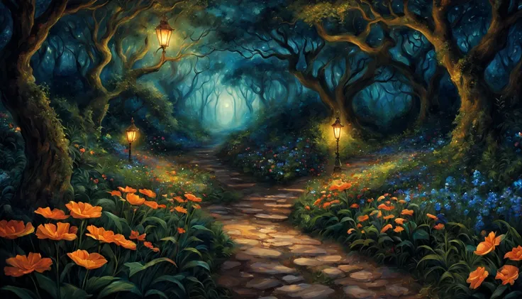 1 girl "Michelle Pfeifer com vestido Laranja longo", pintura: Uma encantadora obra de arte representando uma garota vestindo seda, a view of a path with a path leading to a garden with trees and flowers, Jardim encantado, fantasy gorgeous lighting, paisage...