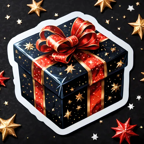 (Top-down view of a sticker lying on a table). | Masterpiece in maximum 16K resolution. | A sticker of a majestic present box, wrapped in black paper with a glossy sheen. | The red ribbon tightly embraces the box. | Spiders are printed on the box. | (Chris...