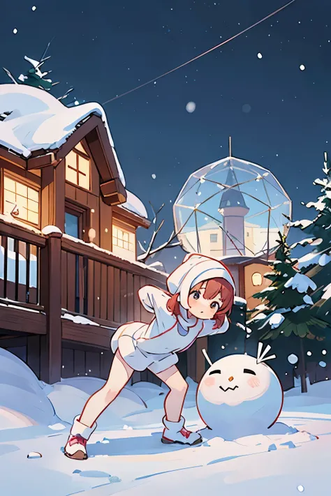 ((A girl doing bending exercises in front of a snow-covered dome house))、Snowman on background、Stronger bokeh effect