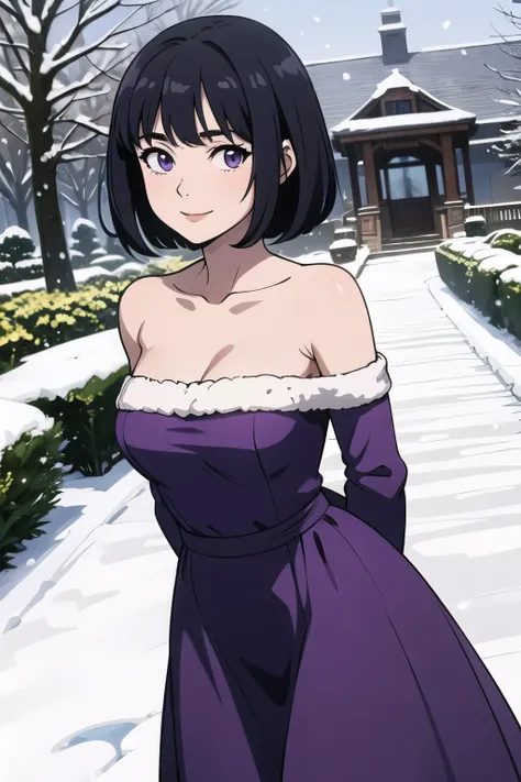 Best quality, masterpiece, Teenager, Hotaru Tomoe, Short Hair, Black Hair, Bob Hair, Bob Haircut, Purple Eyes, Smile, Bare Neck, Bare Arms, Bare Shoulders, Purple Dress, Strapless Purple Dress, Lace Off-shoulder top, Ruffle Off-the-Shoulder Top, Maxi Dress...