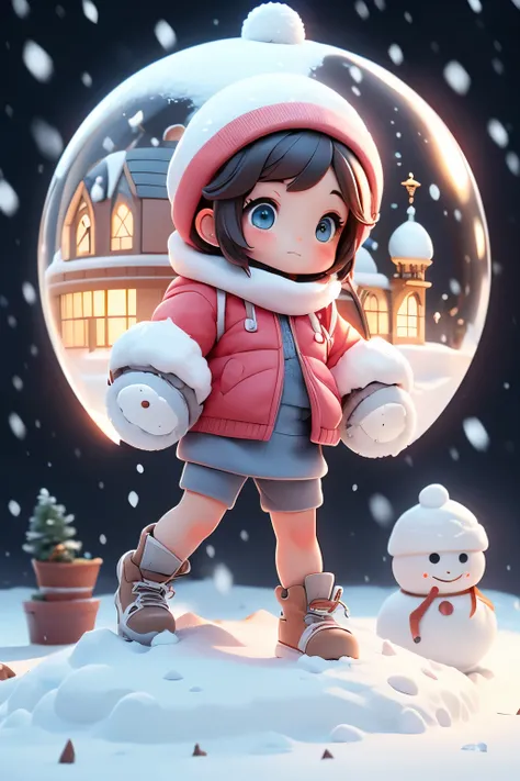 ((A girl doing bending exercises in front of a snow-covered dome house))、Snowman on background、Stronger bokeh effect