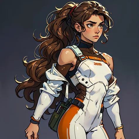 masterpiece, best quality, realistic, ultra detailed, (Caucasian teenager), 18 years old, hazel eyes, (wavy brown hair), (hair tied back), small breasts. She wears a white, off-the-shoulder sci-fi suit (simple background)