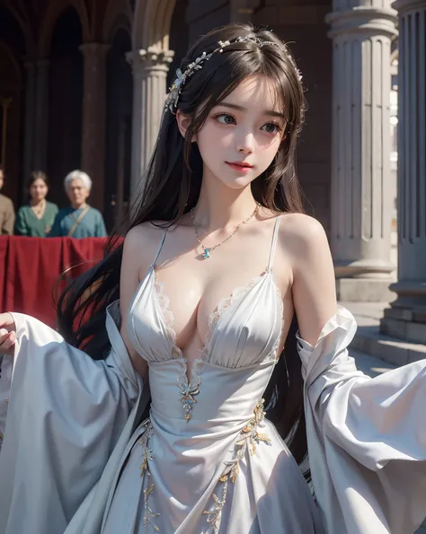 8k RAW photo、Photorealsitic、Film grain noise、Soft Cinematic Lights、face like a little girl、length hair、ample boobs、Graceful pose、beautiful hair decoration、Beautiful necklaces、耳环、Clothing with intricate details、cleavage of the breast、ssmile、At the church