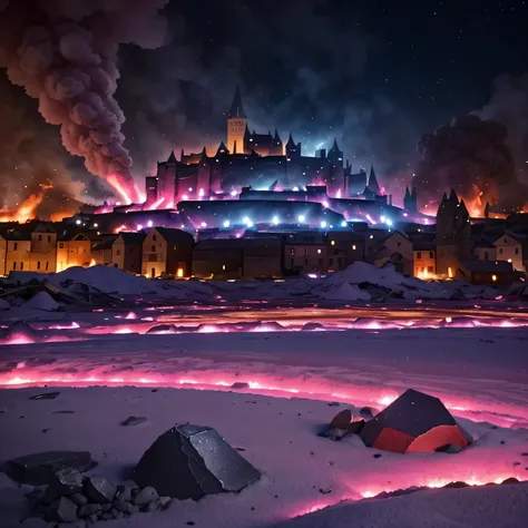 grande cidade medieval, destroyed by pink crystals coming out of the ground, cristais grandes e afiados, smoke and fire, close-up of destruction