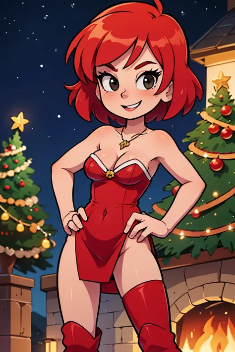 Masterpiece, best quality , nishikino maki, red hair, short hair, bob cut, black eyes, red dress, one piece dress, sleeveless, red santa dress, red boots, smile, standing up, hands on hips, mistletoe on top, cleavage, necklace, elegant, Christmas lights, C...