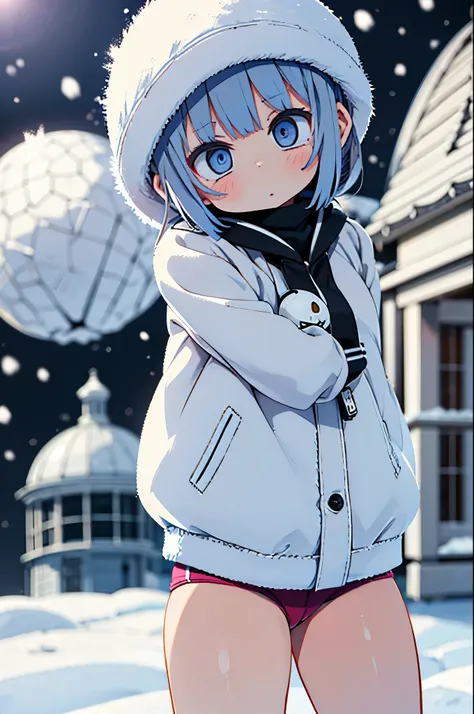 ((A girl doing bending exercises in front of a snow-covered dome house))、Snowman on background、Stronger bokeh effect