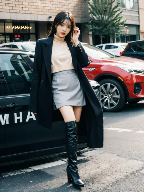 Best quality at best,tmasterpiece,超高分辨率,(actual:1.4),RAW photogr,hyper HD，8K，There is one girl，Stylish clothes,Chanel style，Stylish skinny suit, wearing jacket and skirt,high-class fashion，ellegance, short skirt and a long jacket, tigh-high boots，Over-the-...