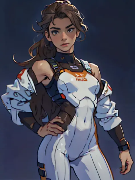 masterpiece, best quality, realistic, ultra detailed, (Caucasian teenager), 18 years old, hazel eyes, (wavy brown hair), (hair tied back), small breasts. She wears a white, off-the-shoulder sci-fi suit (simple background)