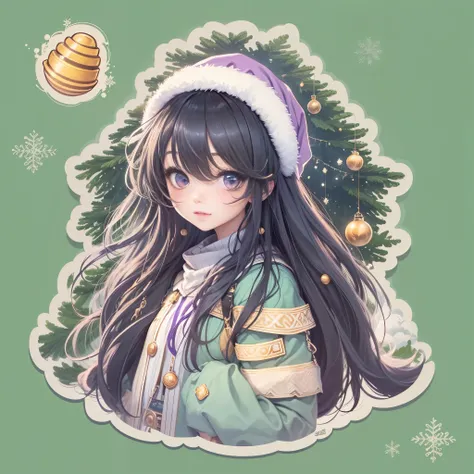 Sticker,Anime girl ,christmas tree, seashell around, long layered black hair,Light purple eyes，joyful expressions，cute clothing，in circle, White background, Gold border，, Ultra detailed, Detailed drawing, vectorised, Silhouette, 8K, professional sticker de...