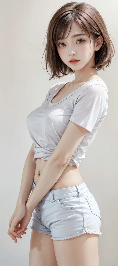 Adorable Girl . Very Kawaii , Round Face . Solo , Slim , Medium Breasts , Short Stature . Glossy Skin . Plain White T-shirt . Shorts . Dynamic Pose . Dynamic Angle . No Background , White Background , looking at viewer