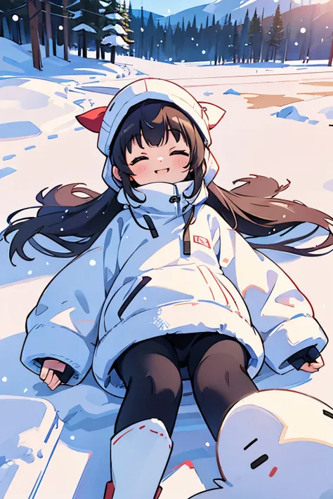 girl jumping into snow field、A smile、Warm clothing、Ski Wear、Its snowing、sleeping face down on the snow floor