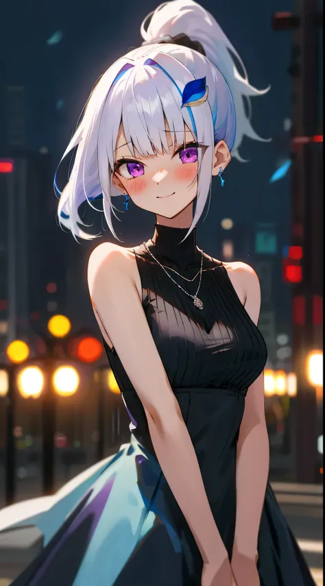 One girl with high ponytail hair, bangs, white hair, blue inner hair:1.25) , purple eyes, looking at viewer, blushing, little smile, tears, black sleeveless dress, bare hands, outdoor, earrings, dating, standing, necklace, citylight, dizzy, mid-chest, nigh...