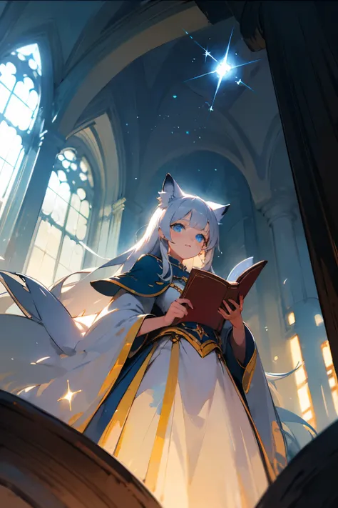 watercolor, cat girl with blue eyes and long silver hair deep in thought, scholar, sorceress studying, moody lighting, tranquil, calm, glow, glowing, mystical, magical, rim lighting, fantasy, sunbeam, soft lighting, sparkle, glittering, indoors, from below...