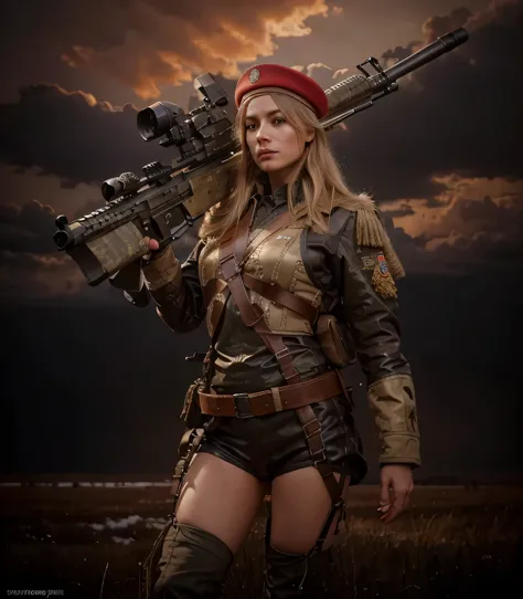 Hermosa mujer soldado, Cara rusa, cabello rubio, Boina militar roja, Dark brown soviet style tight military uniform with white details., Harnesses and belts with ammunition, Lleva un rifle de francotirador, she is in the siberian steppe, nieve, cielo rojo,...