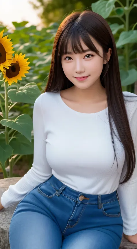 smiling  girl，wear tight knit clothes，denim pant，Sitting on a large stone，There are a lot of sunflowers around，with detailed face，The eyes are delicate，Photo quality is the best，Realistic image quality，Background diffuse lighting，Depth of field display。