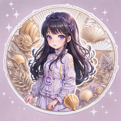 Sticker,Anime girl ,christmas tree, seashell around, long layered black hair,Light purple eyes，joyful expressions，cute clothing，in circle, White background, Gold border， Ultra detailed, Detailed drawing, vectorised, Silhouette, 8K, professional sticker des...